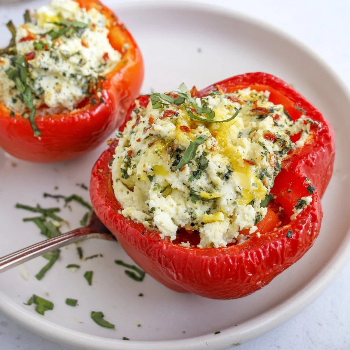 Herby Ricotta Stuffed Peppers, golden and aromatic, served warm with crusty bread.