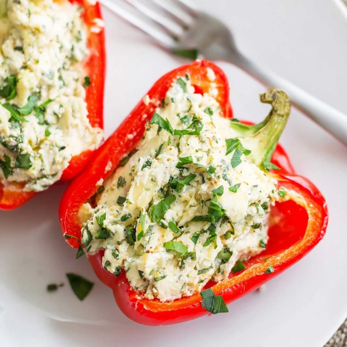 Oven-roasted Herby Ricotta Stuffed Peppers, lemon-zested filling, garnished with parsley.