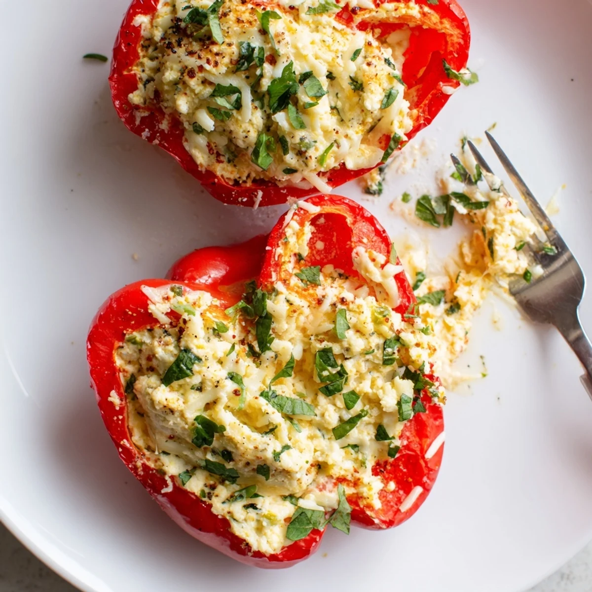 Pan of Herby Ricotta Stuffed Peppers bubbling, creamy filling with fresh basil.