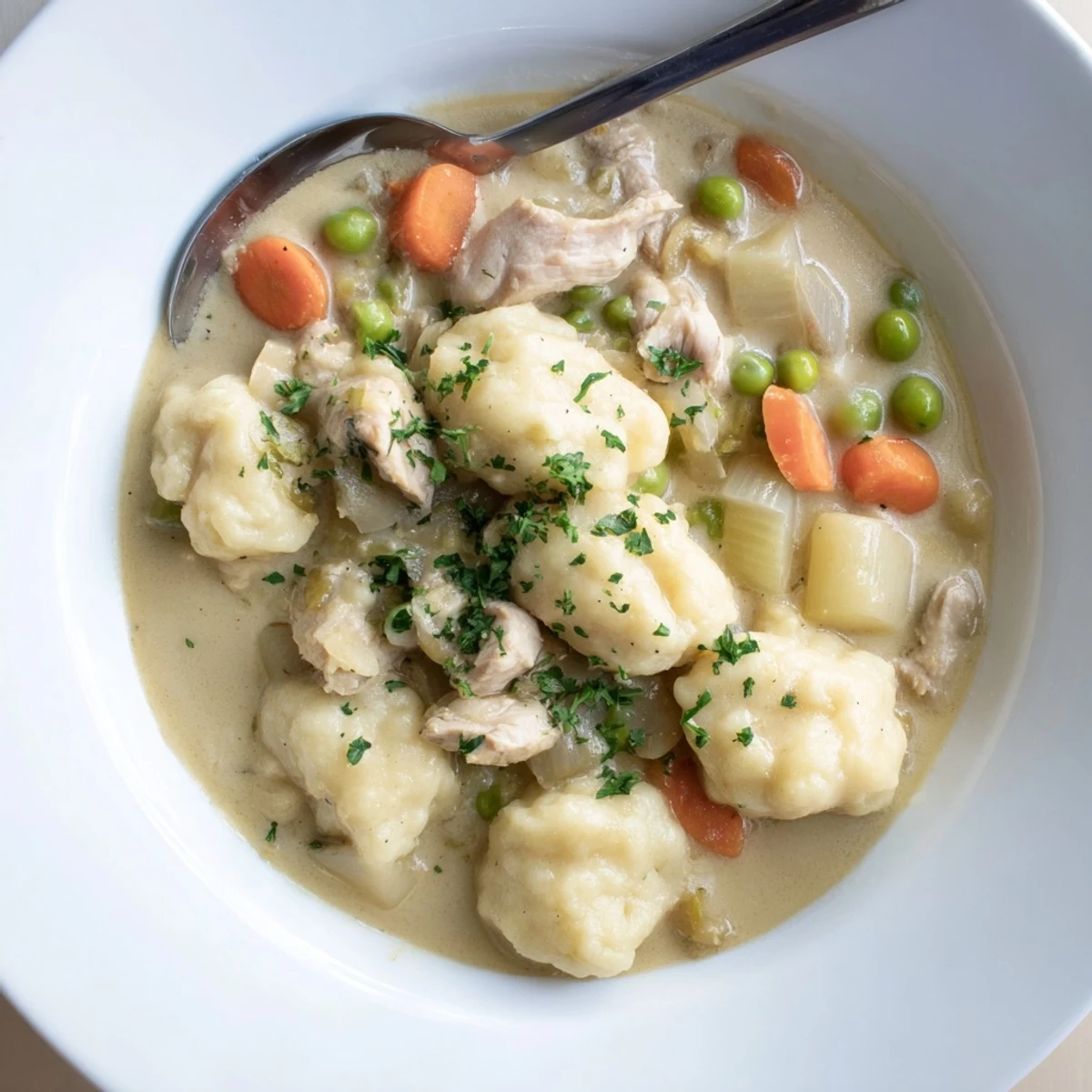 One Pot Chicken And Dumplings in a Dutch oven, steam rising, hearty
