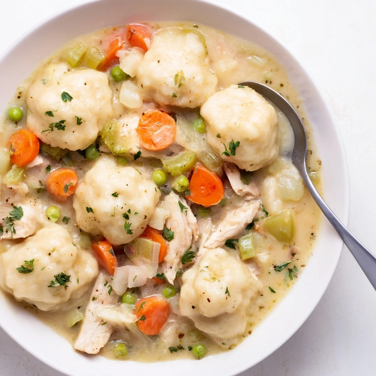 Creamy One Pot Chicken And Dumplings with tender chicken, fluffy parsley-topped dumplings