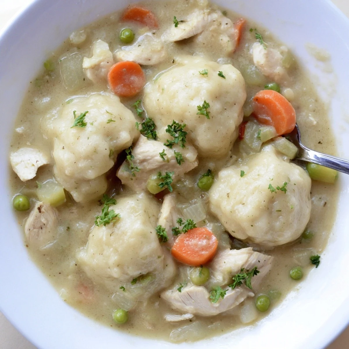 Bowl of One Pot Chicken And Dumplings garnished with parsley, served hot