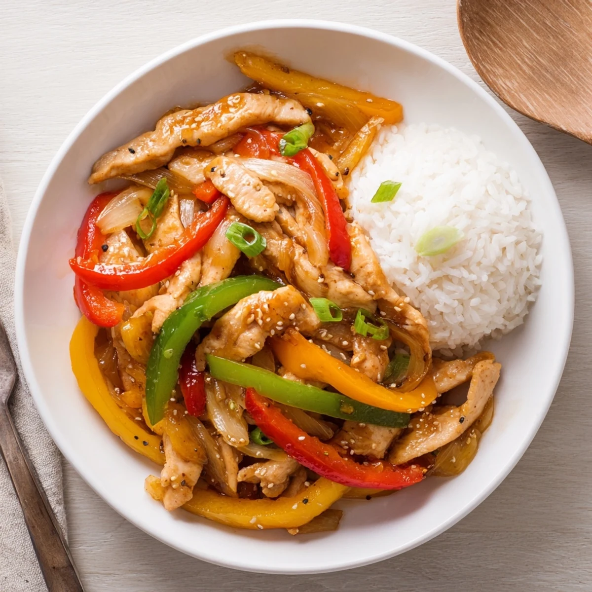 Quick Pepper Chicken Stir Fry sizzling in wok with glossy sauce, scallion garnish