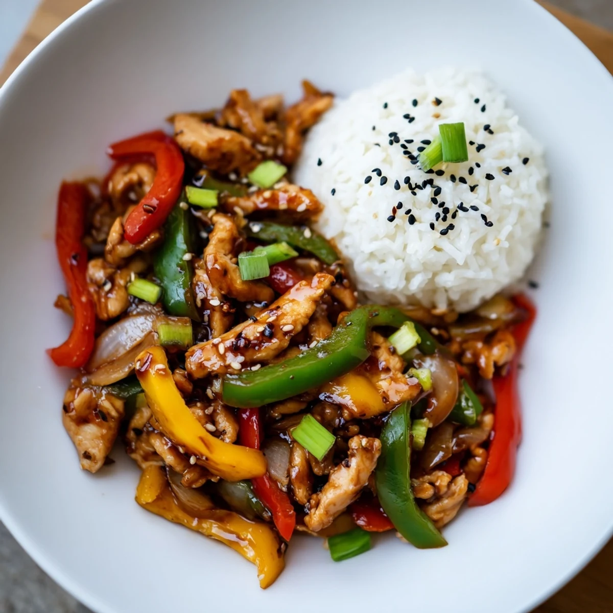 Tender Quick Pepper Chicken Stir Fry tossed in savory sauce, bright bell peppers