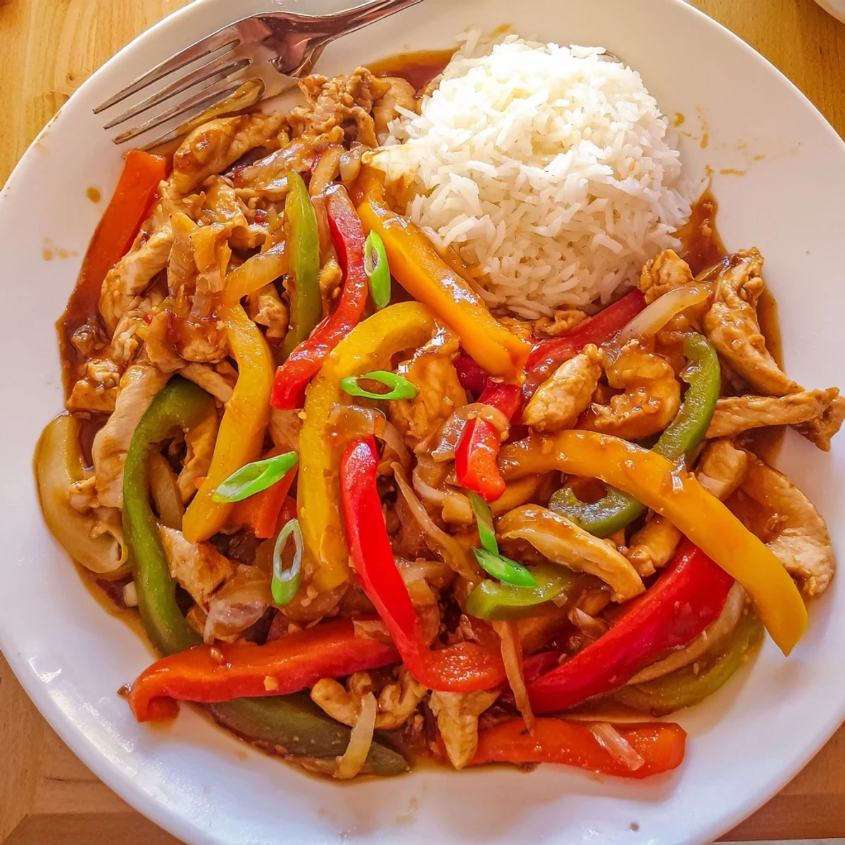 Pan-seared Quick Pepper Chicken Stir Fry over steamed jasmine rice, vibrant peppers
