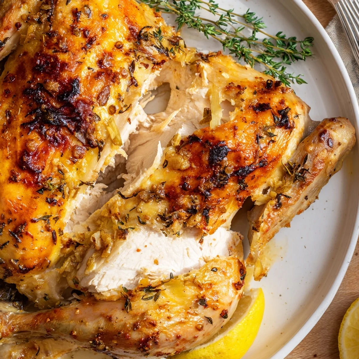 Buttermilk Roasted Chicken with crisp golden skin, juicy meat, herb garnish