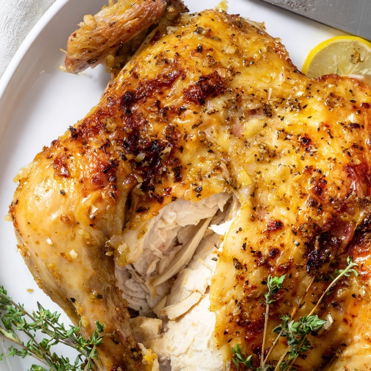 Sliced Buttermilk Roasted Chicken on platter, tender juices pooling, lemon