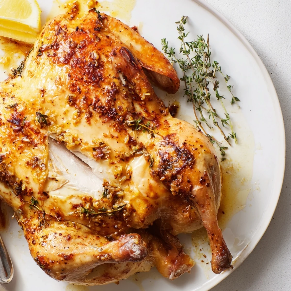 Buttermilk Roasted Chicken marinated overnight, aromatic garlic and thyme, ready to serve