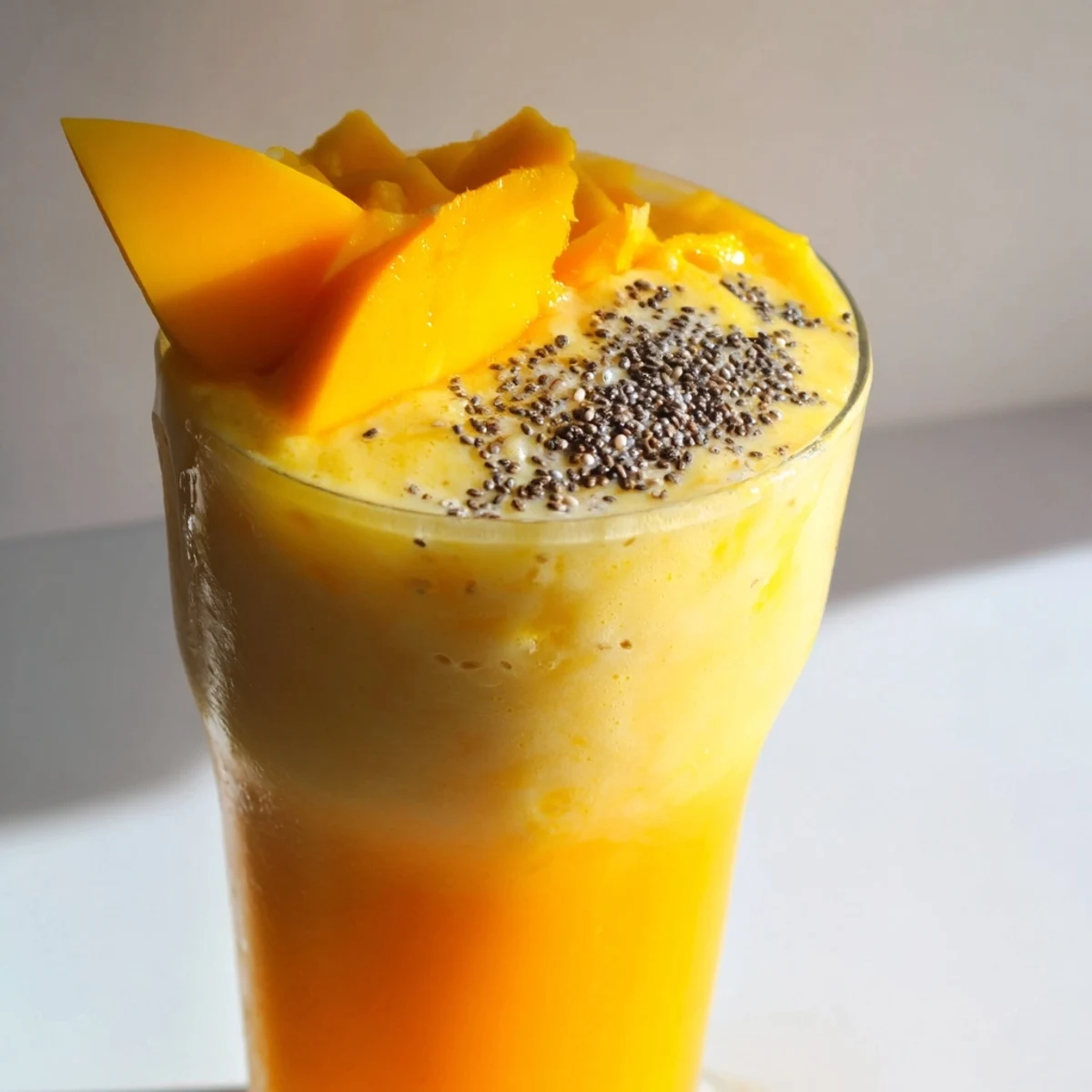 Golden tropical sunrise protein smoothie recipe with layered mango pineapple colors in a clear glass
