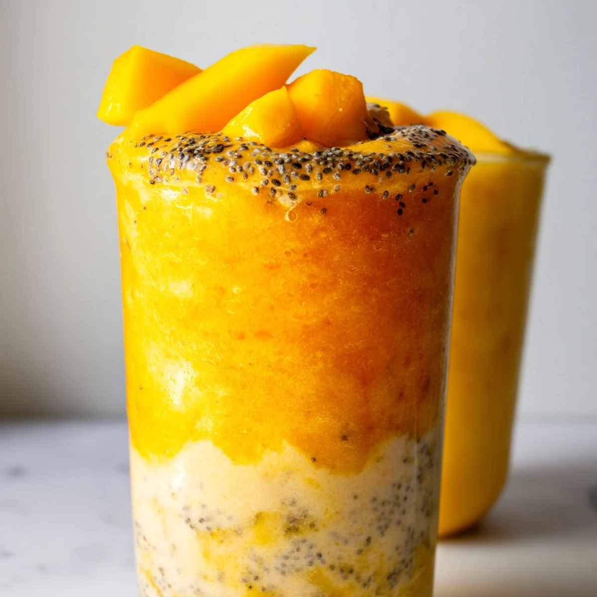 Creamy vanilla tropical sunrise protein smoothie recipe topped with fresh mango slices and chia seeds