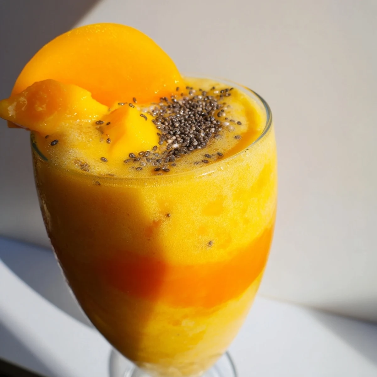 Thick vibrant tropical sunrise protein smoothie recipe served in a tall glass with fruit garnish