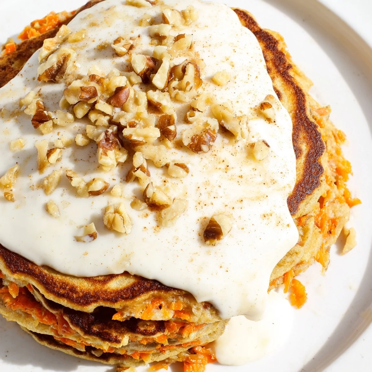 Fluffy stack of carrot cake pancakes topped with cream cheese glaze, chopped walnuts, and grated carrots