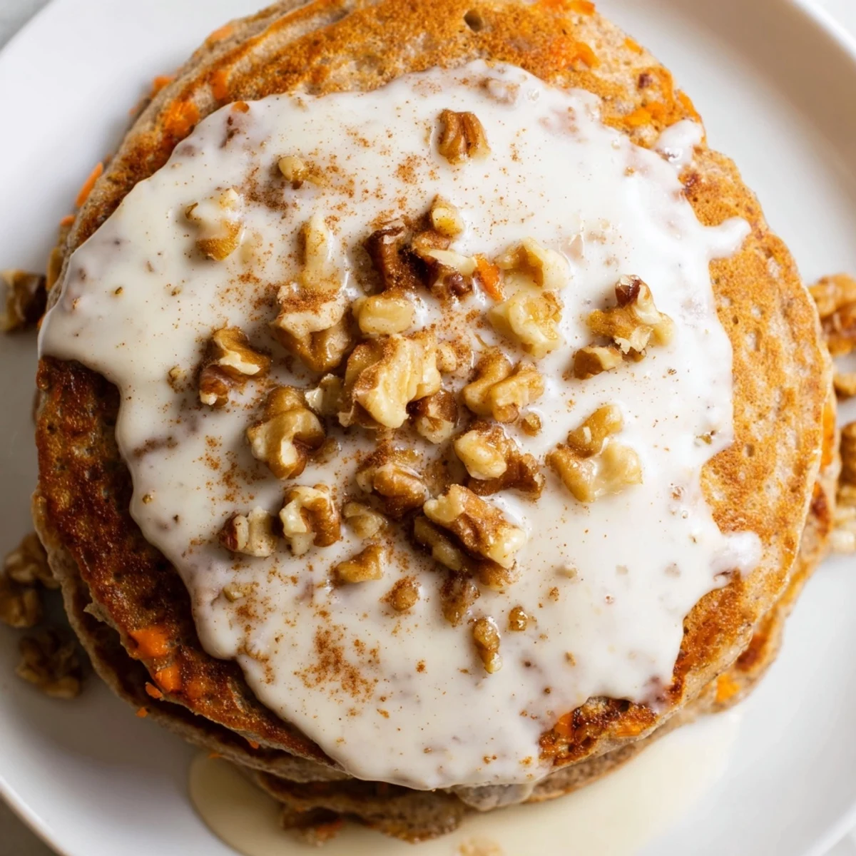 Golden brown spiced carrot cake pancakes drizzled with maple syrup and sprinkled with pecans on a white plate