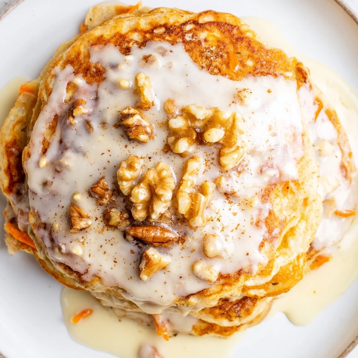 Homemade carrot cake pancakes with visible grated carrot bits and nut pieces, served warm for breakfast