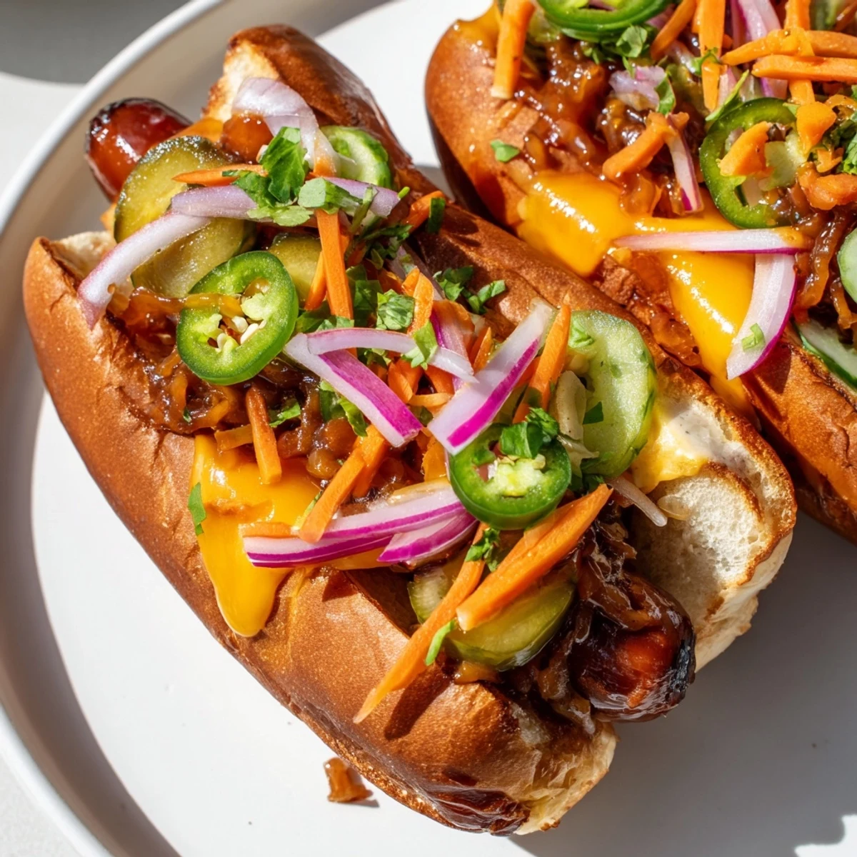 Grilled spicy firecracker hot dogs topped with melted cheddar, jalapeños, and fresh cilantro
