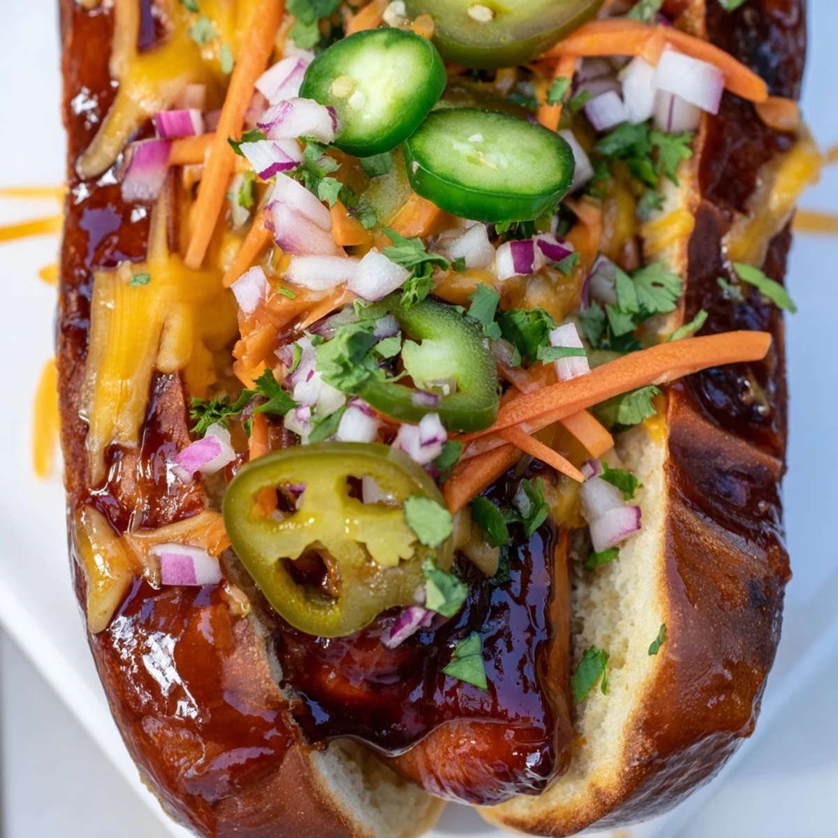Charred spicy firecracker hot dogs in toasted buns loaded with pickled jalapeños and cheese