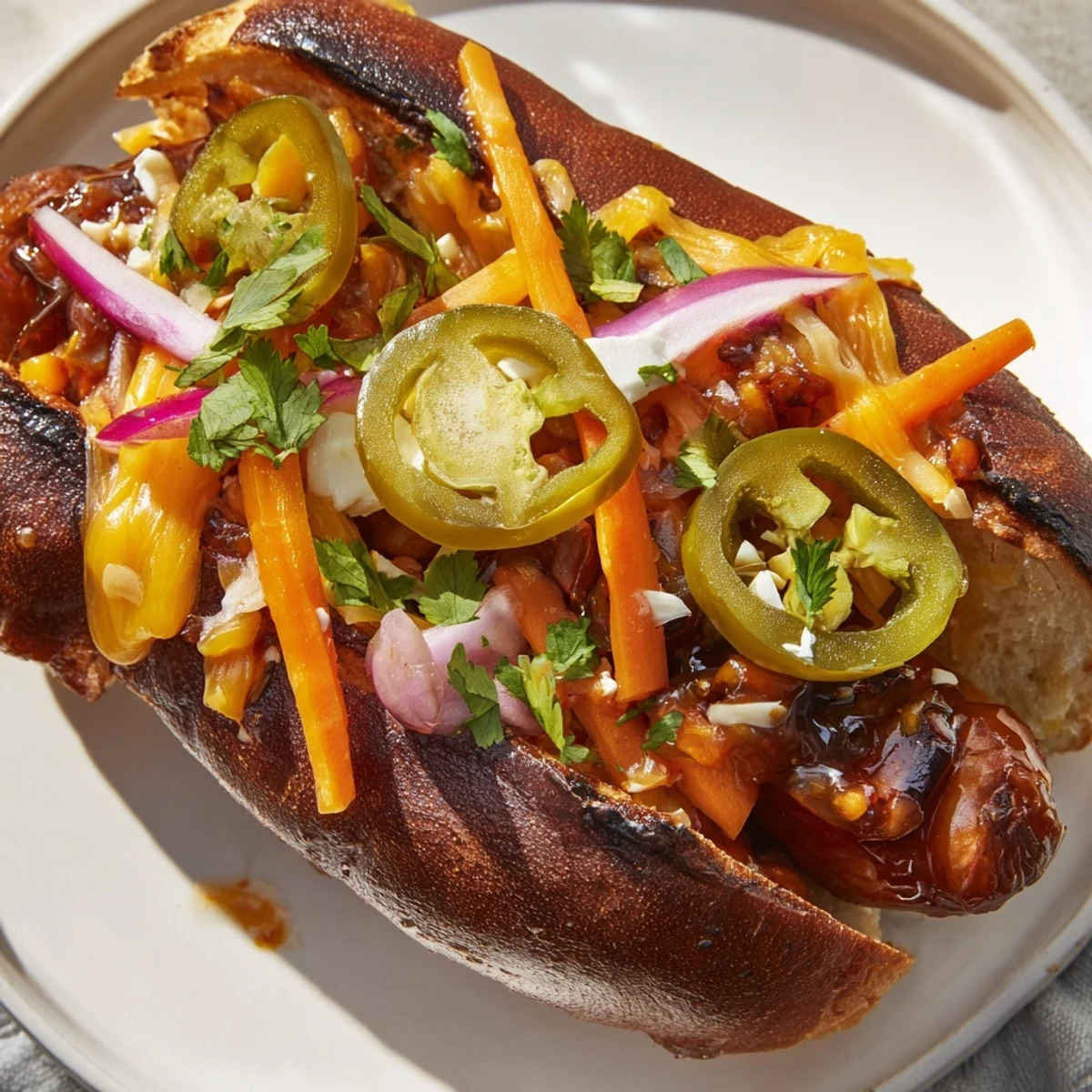 Firecracker hot dogs glazed with honey sriracha marinade and crunchy vegetable toppings