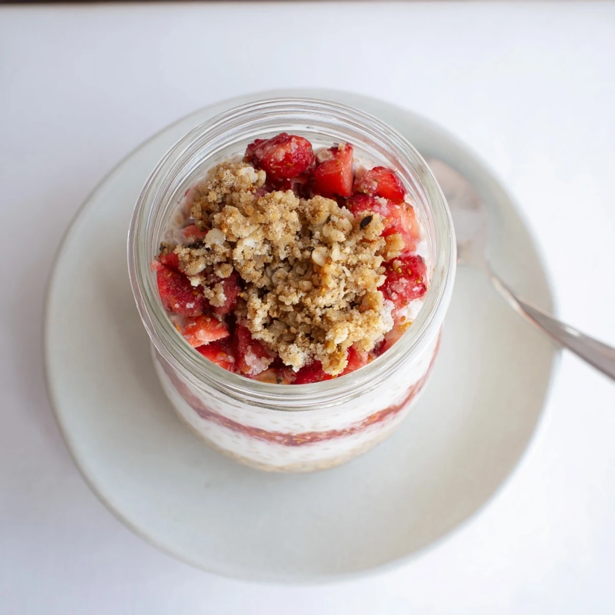 Strawberry crumble chia pudding layered in a glass jar with fresh red berries and golden oat topping