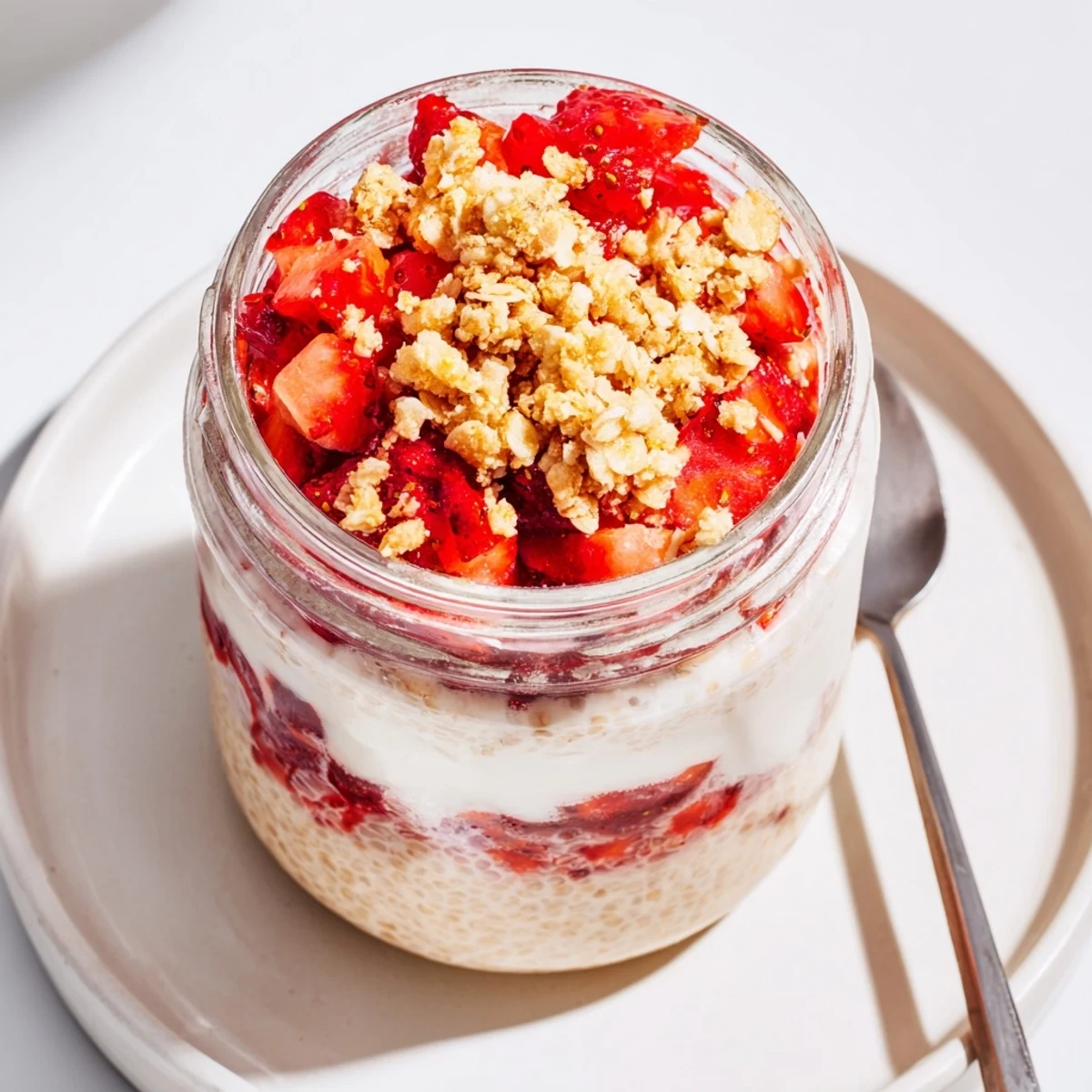 Creamy strawberry crumble chia pudding dessert showing layered texture with juicy fruit and crunchy baked crumble