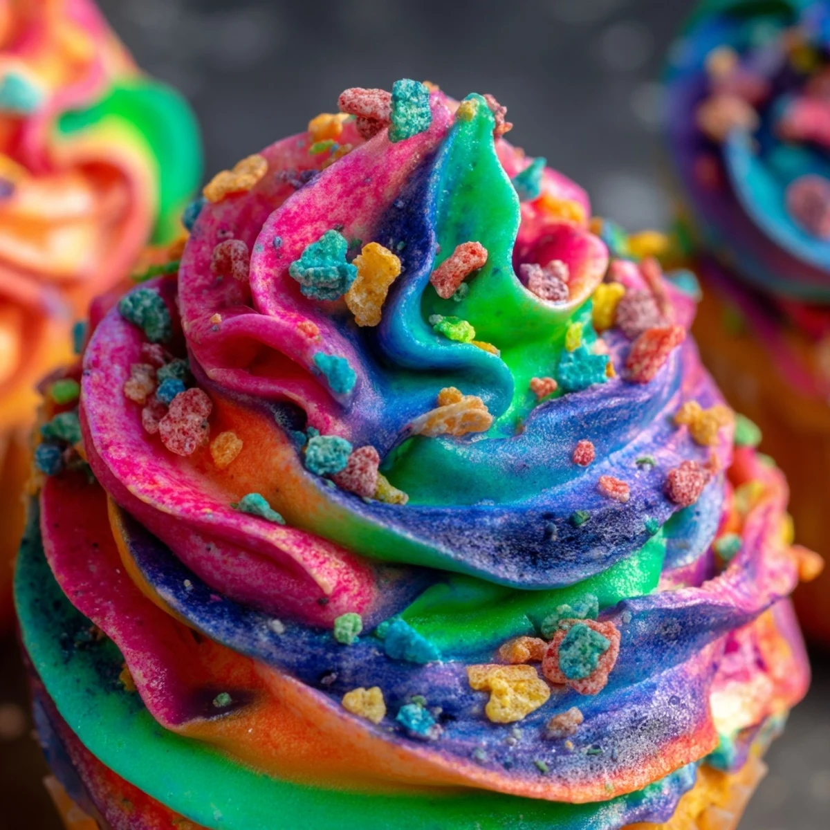 Colorful bowl of Fruity Pebbles cereal frosting with vibrant rainbow specks throughout the creamy buttercream mixture