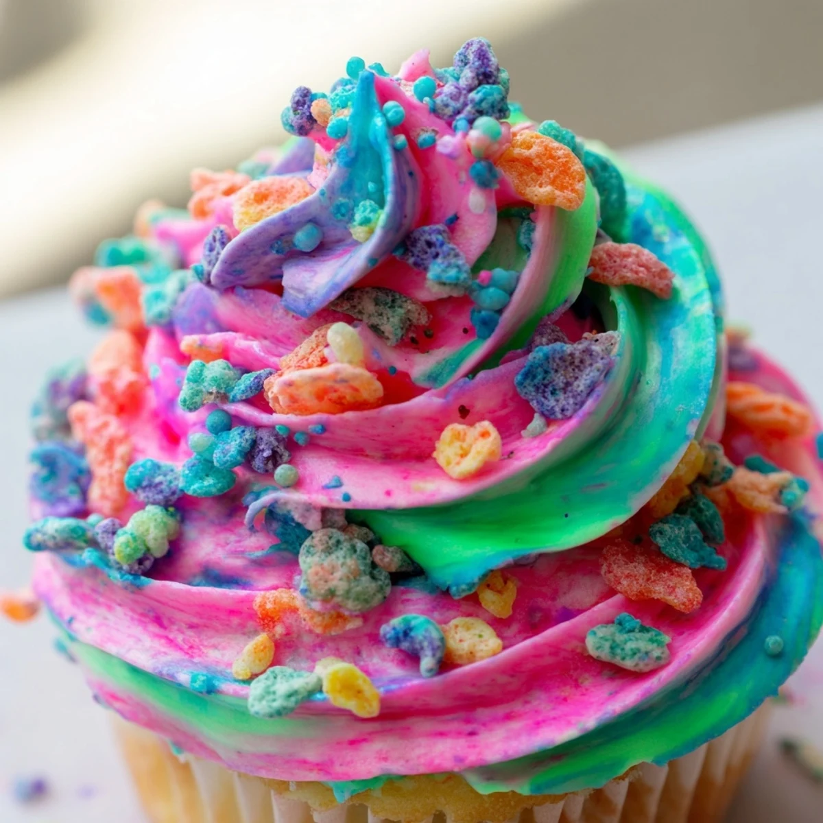 Whimsical pink frosting topped with crunchy colorful Fruity Pebbles cereal on a frosted cupcake for dessert