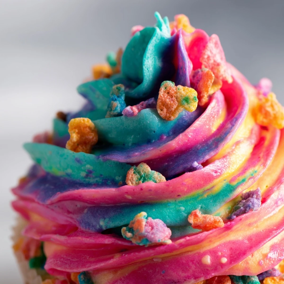 Fluffy buttercream frosting infused with ground fruity cereal crystals, piped onto a vanilla cupcake with sprinkles