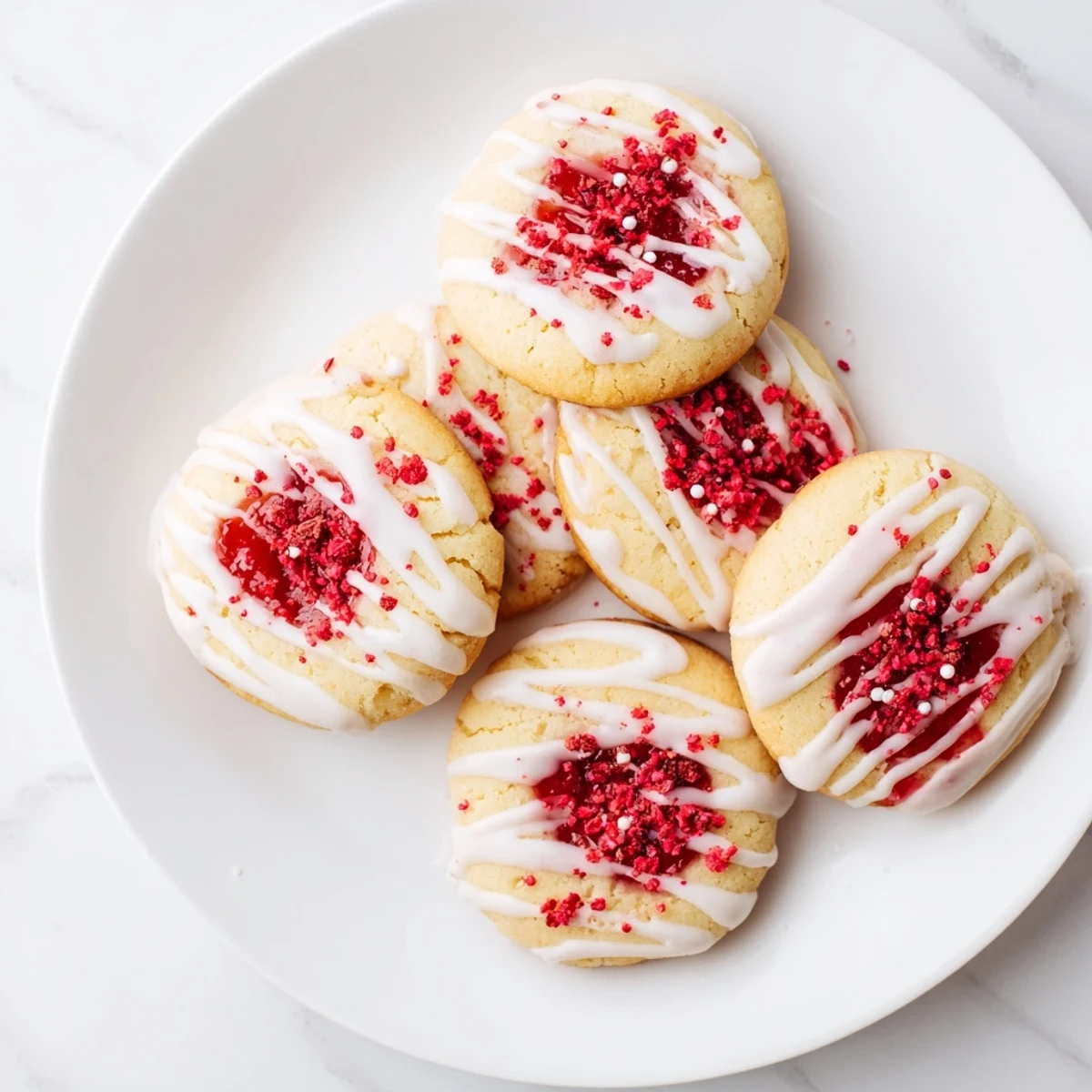 Golden strawberry pop tart cookies drizzled with white vanilla glaze and colorful sprinkles on a white plate