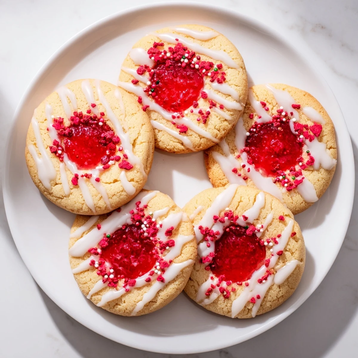 Soft buttery strawberry pop tart cookies topped with glossy vanilla glaze and crushed freeze-dried strawberries