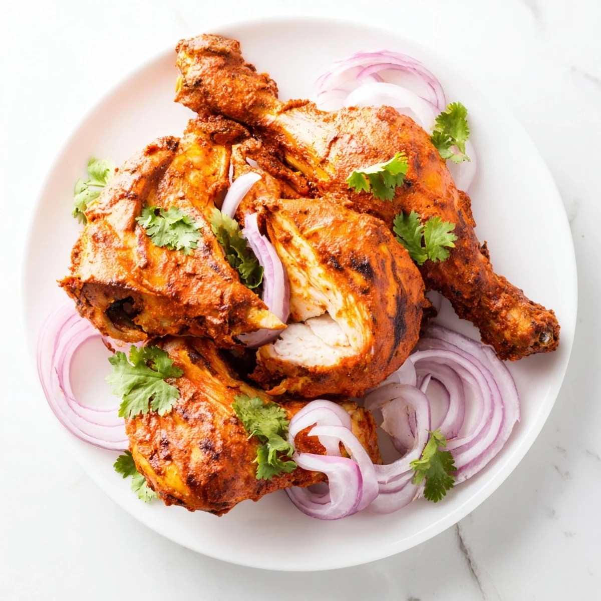 Golden tandoori chicken yogurt spice dish featuring charred edges and fresh cilantro garnish on white plate