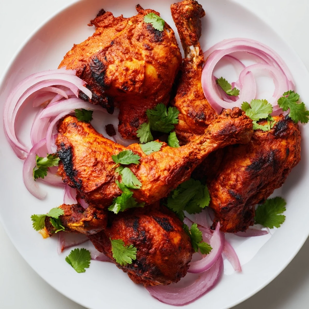 Tender roasted chicken pieces marinated in spiced yogurt with red onion slices and lemon wedges