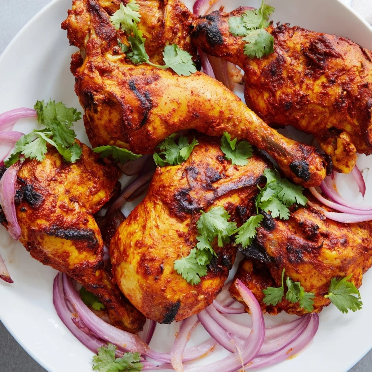 Succulent tandoori chicken with aromatic yogurt spice coating served with vibrant cilantro and citrus