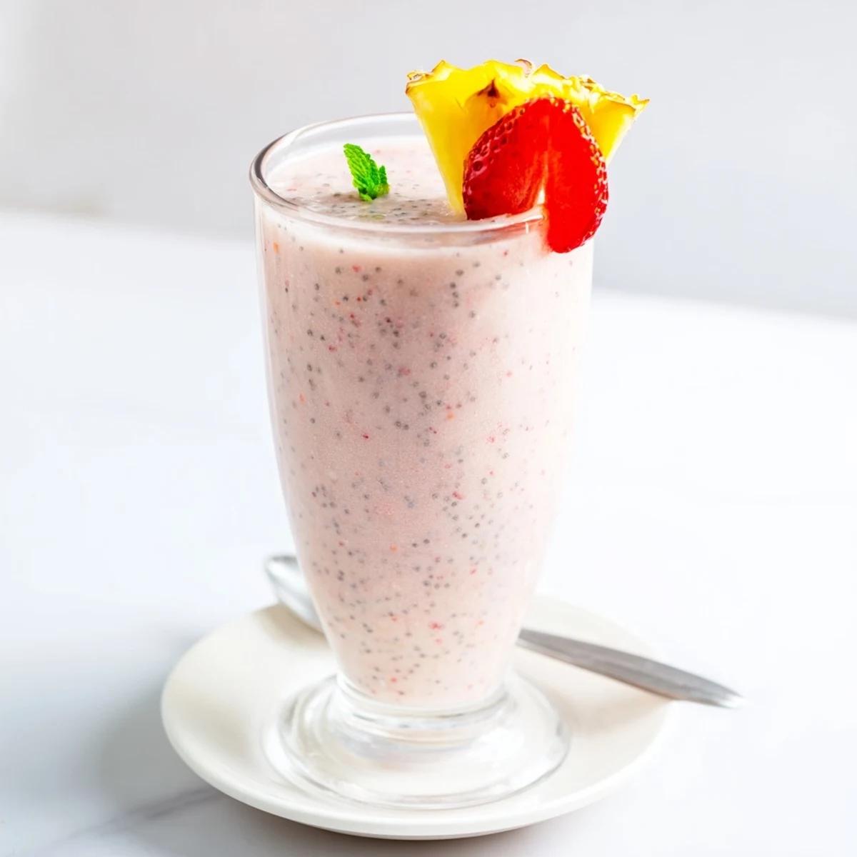 Creamy Strawberry Pineapple Smoothie poured into chilled glass with mint garnish