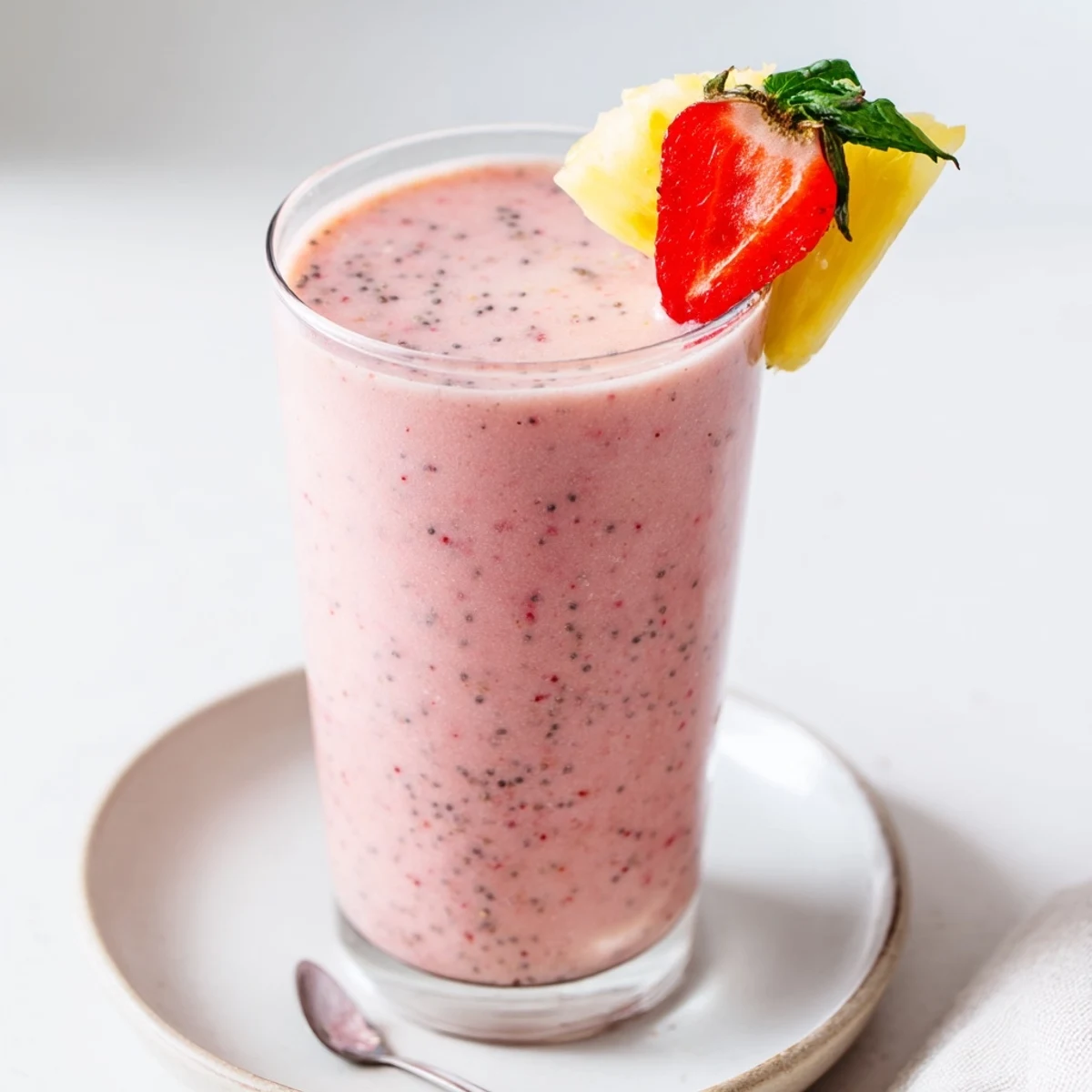 Tropical Strawberry Pineapple Smoothie in blender, frothy texture, ready for breakfast