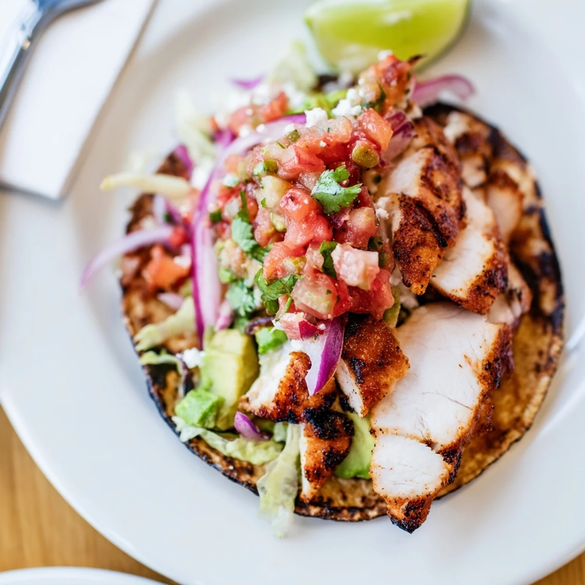 Charcoal Grilled Tacos sizzling with smoky char, topped with avocado and cilantro