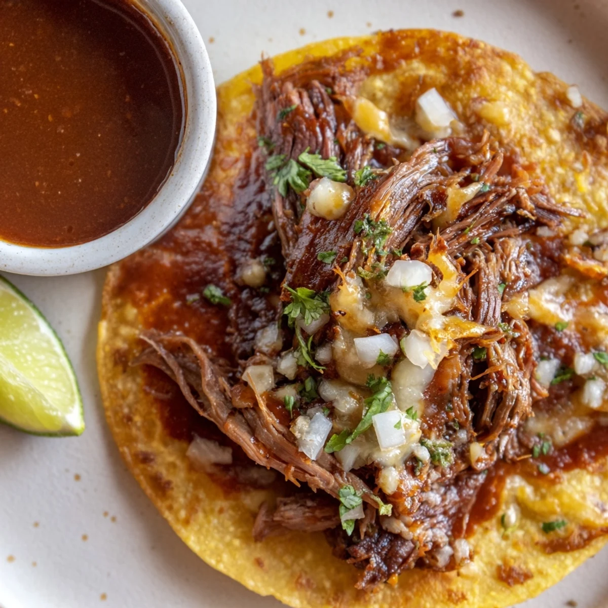 Super Crispy Birria Tacos with melty cheese, golden edges, and lime wedge