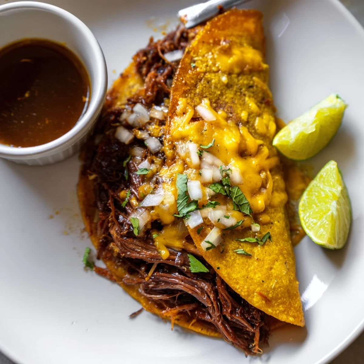 Griddle-fried Super Crispy Birria Tacos garnished with cilantro, diced onion, lime