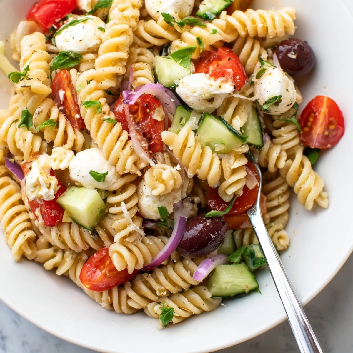 Gluten Free Italian Pasta Salad with cherry tomatoes, basil, and tangy vinaigrette