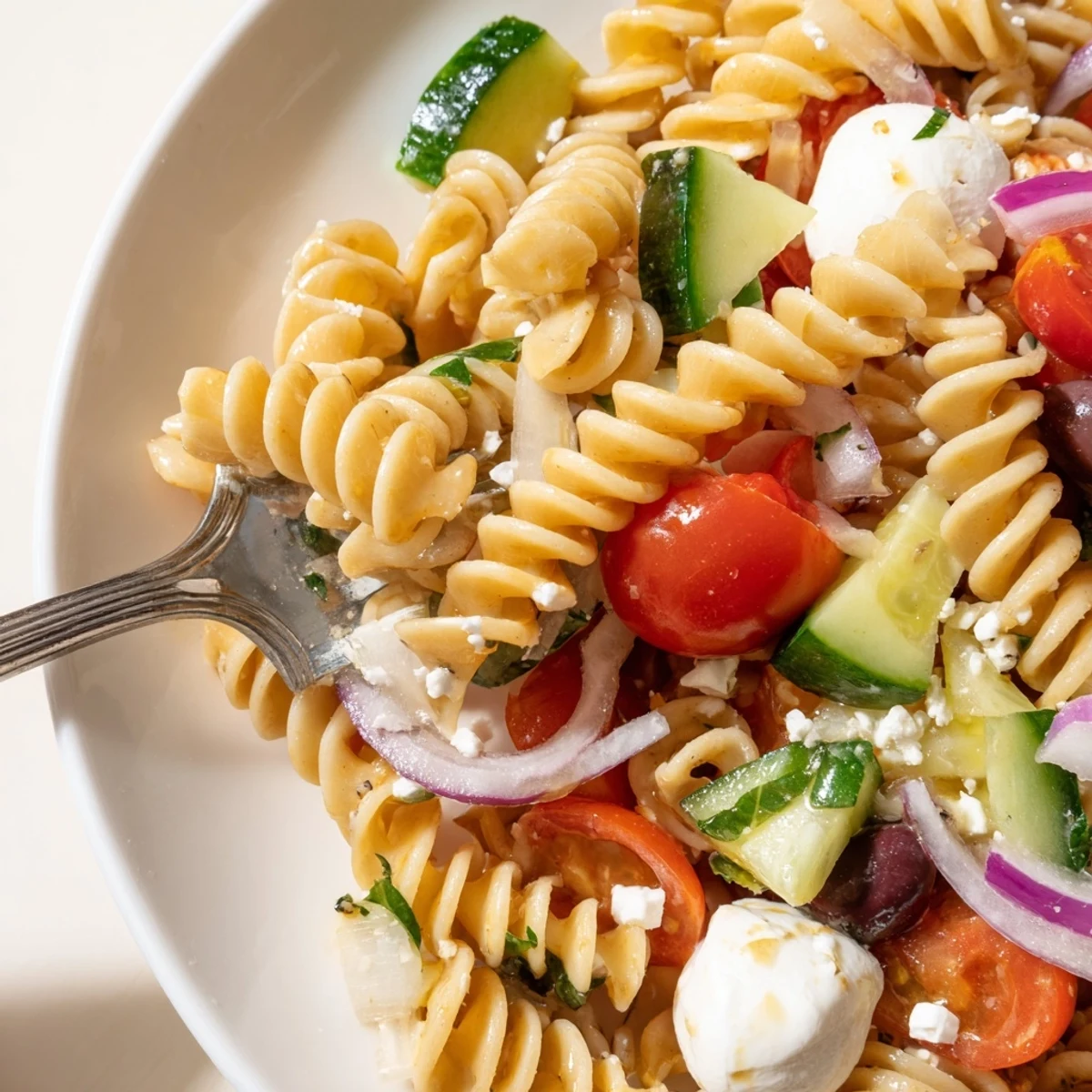 Bright Gluten Free Italian Pasta Salad chilled for picnics, olives and mozzarella