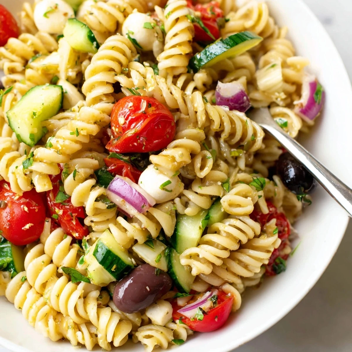 Hearty bowl of Gluten Free Italian Pasta Salad tossed in garlic-herb dressing