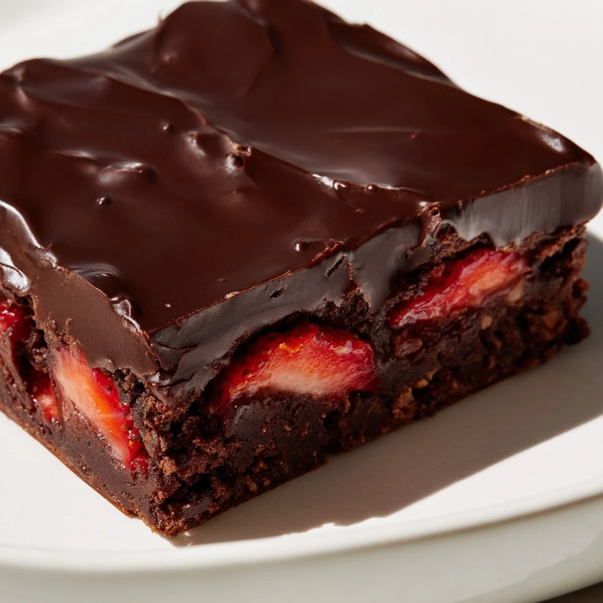 Fudgy chocolate covered strawberry brownies sliced into rich, glossy squares topped with ripe berries