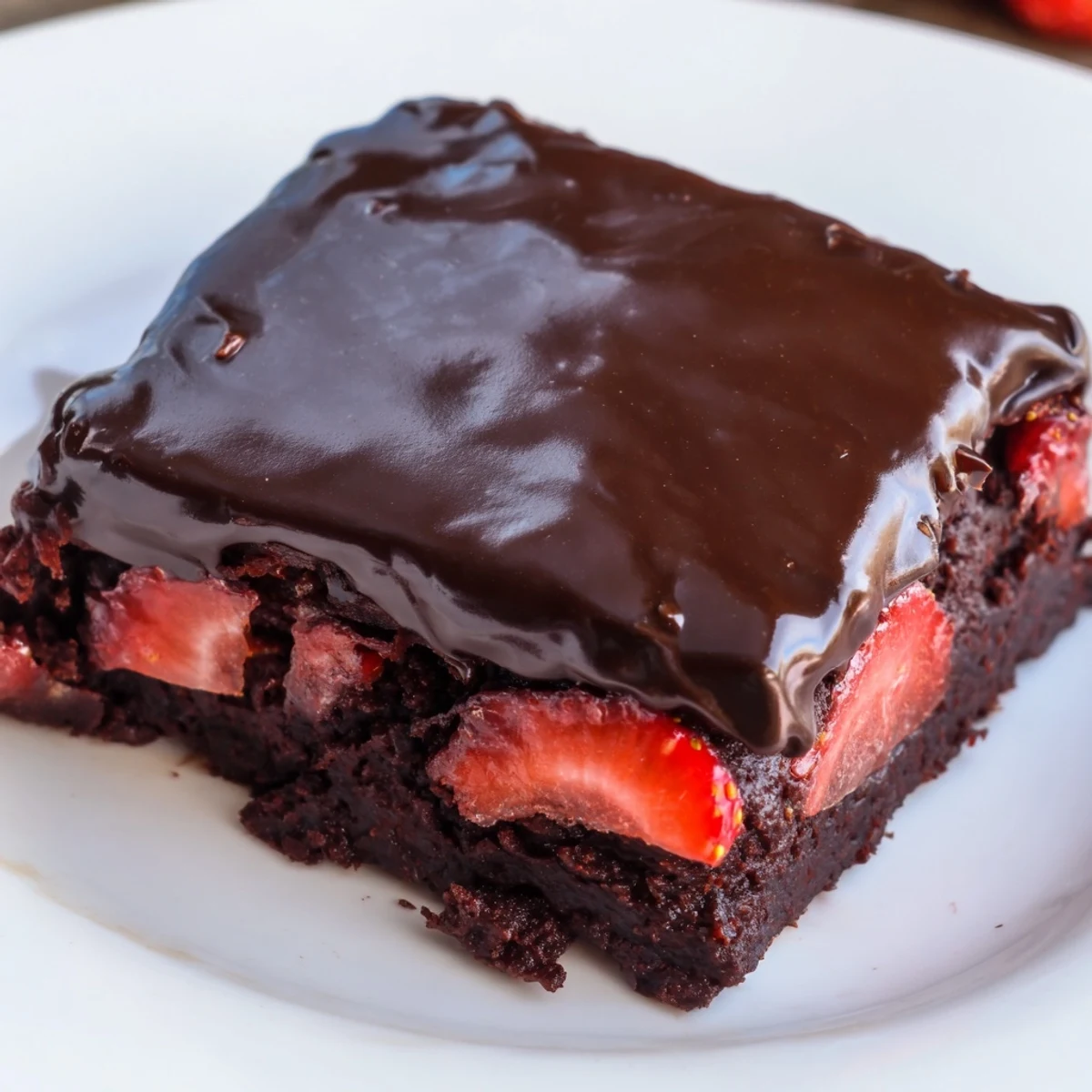 Golden baking pan of chocolate covered strawberry brownies with a smooth ganache topping ready to serve