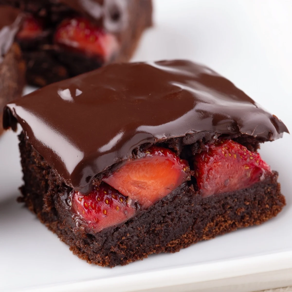 Decadent chocolate covered strawberry brownies with fresh ruby-red strawberry slices nestled under a crisp shell