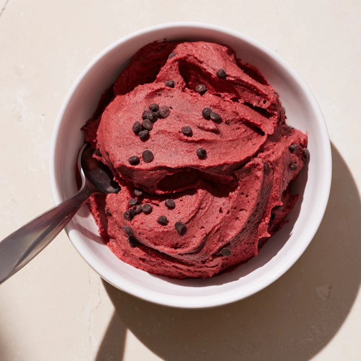 Vibrant red velvet cookie dough served in a rustic bowl with a silver spoon