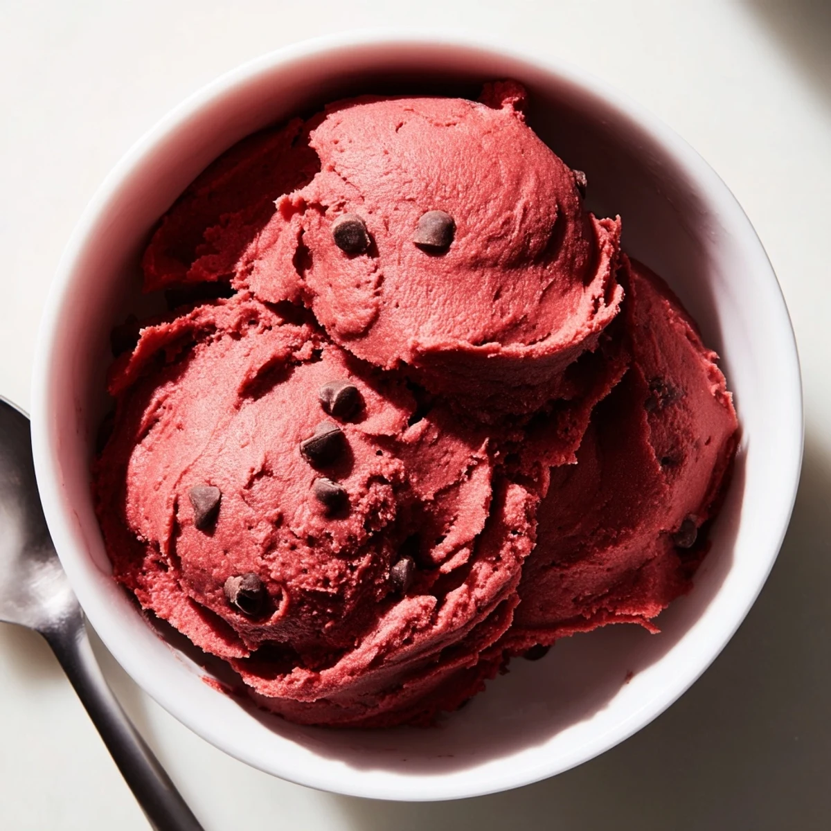 Creamy red velvet cookie dough scooped into bite-sized balls dotted with mini chocolate chips