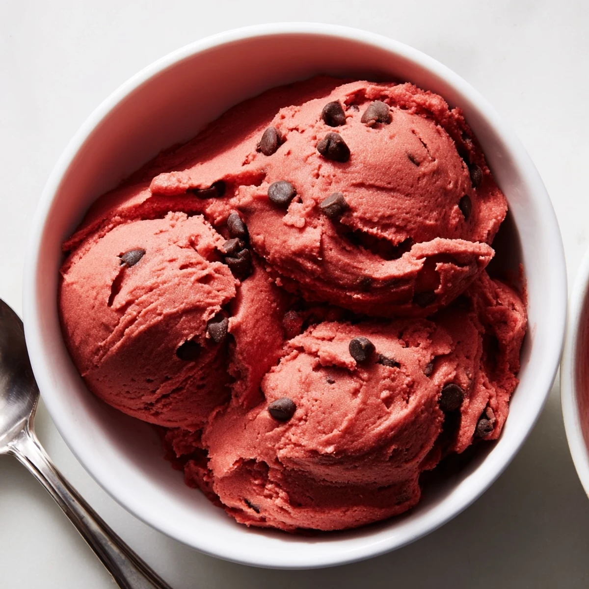 Rich red velvet cookie dough swirled with cocoa and studded with chocolate chip morsels