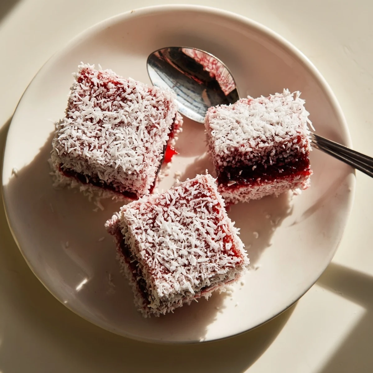 Pink raspberry lamingtons coated in flaked coconut on a rustic serving plate