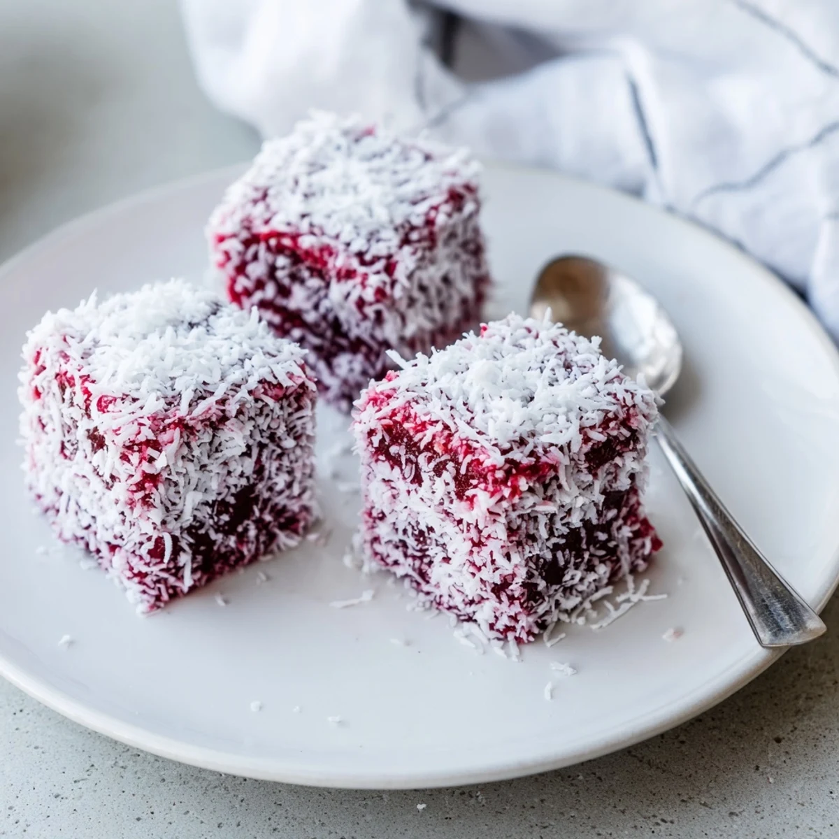 Golden cake cubes covered in sticky raspberry glaze and snowy coconut flakes