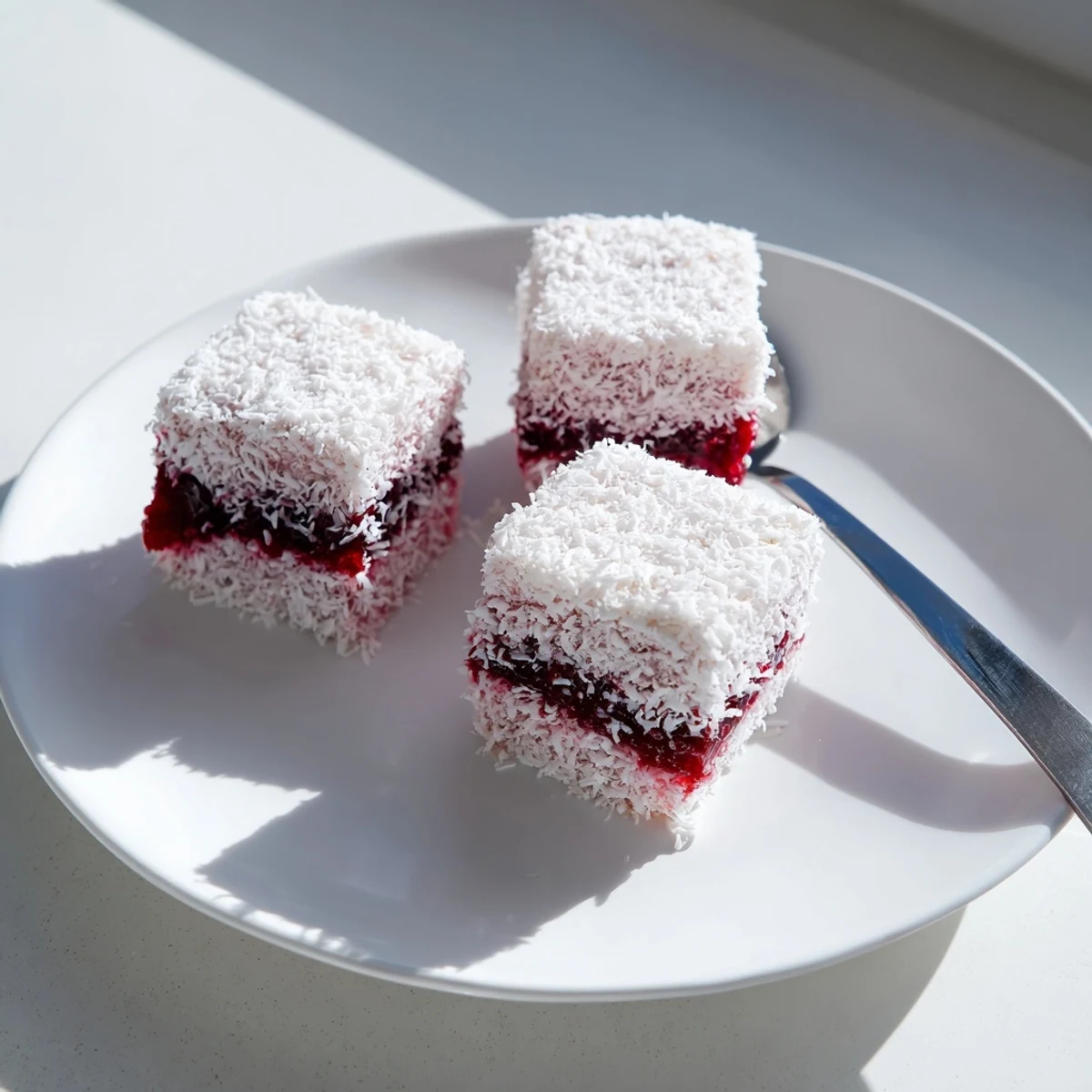 Soft sponge squares dripping with bright raspberry jam and rolled in coconut