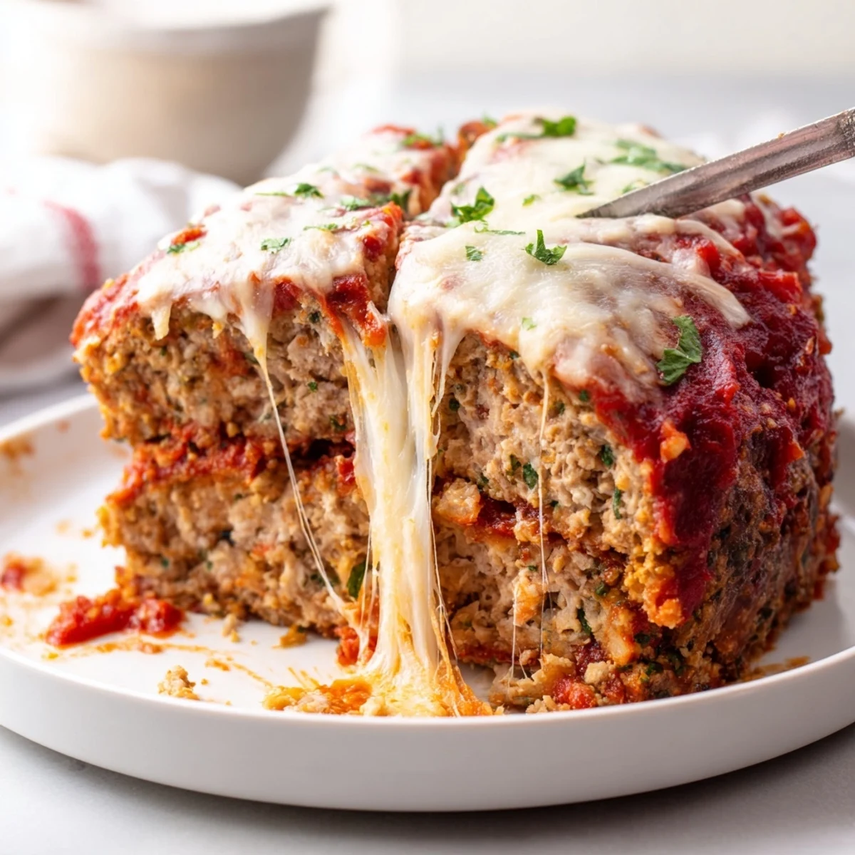 Golden Parmesan chicken meatloaf sliced thick and topped with rich marinara sauce
