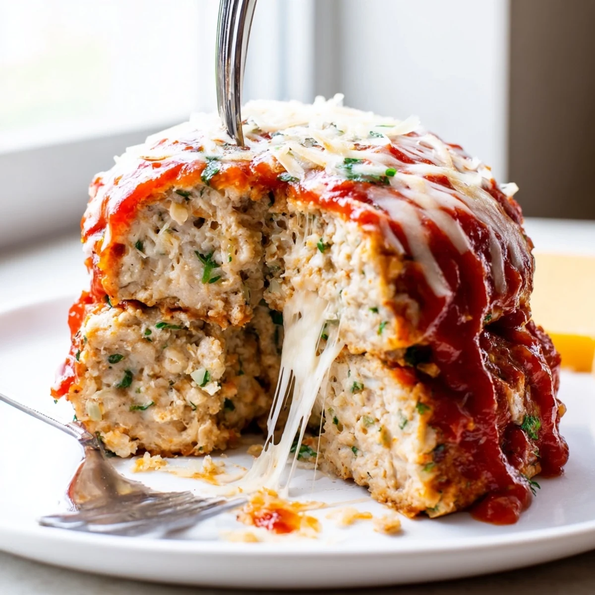 Tender Parmesan chicken meatloaf garnished with fresh parsley alongside a bed of pasta